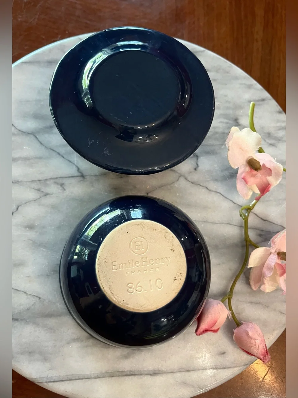 Emile Henry Cobalt Blue Ceramic French Butter Pot Crock Lid & Base Model 86.10